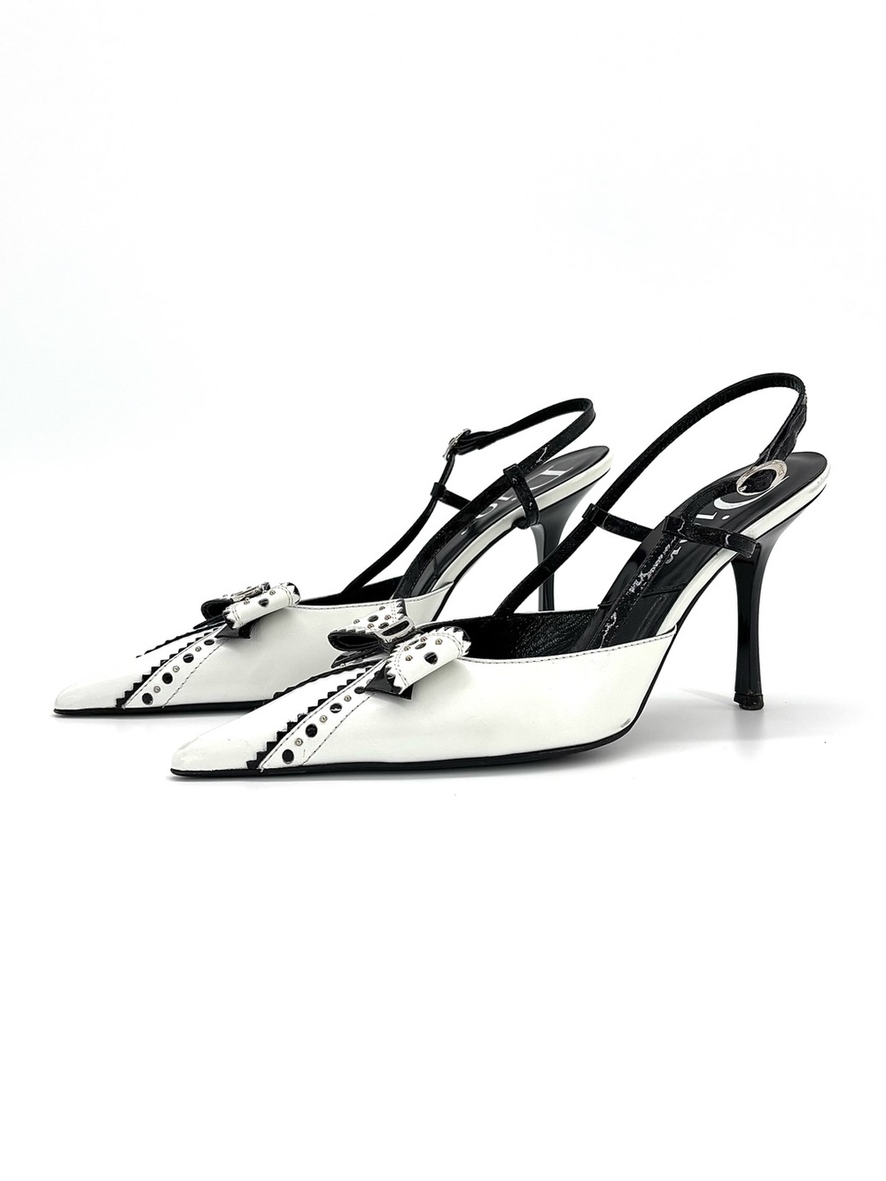 Dior John Galliano Bow Charm Studded White Black Slingback Pumps Shoes 38